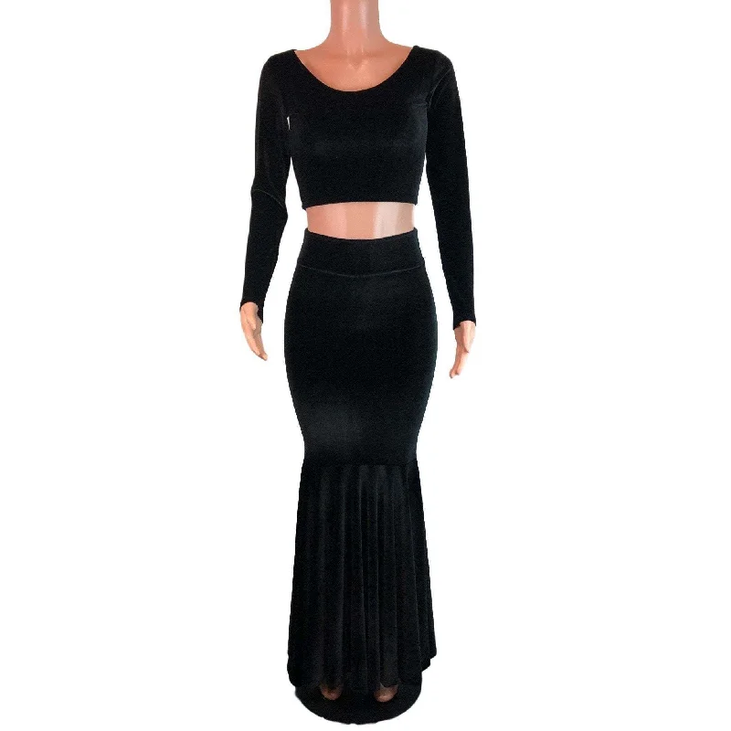 Black Velvet Morticia Outfit - Mermaid Long Fit n Flare Skirt and Long Sleeve Crop Top denim skirt durable