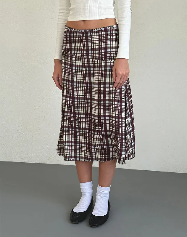 Brella Midi Skirt in Multi Check Brown ribbed skirt waist