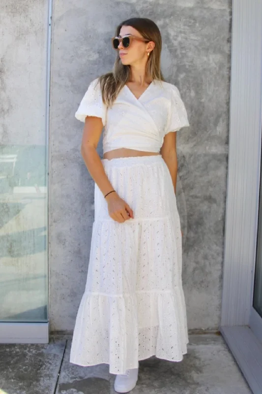 California White Embroidery Anglaise Shirred Waist Tiered Maxi Skirt lace skirt elegant