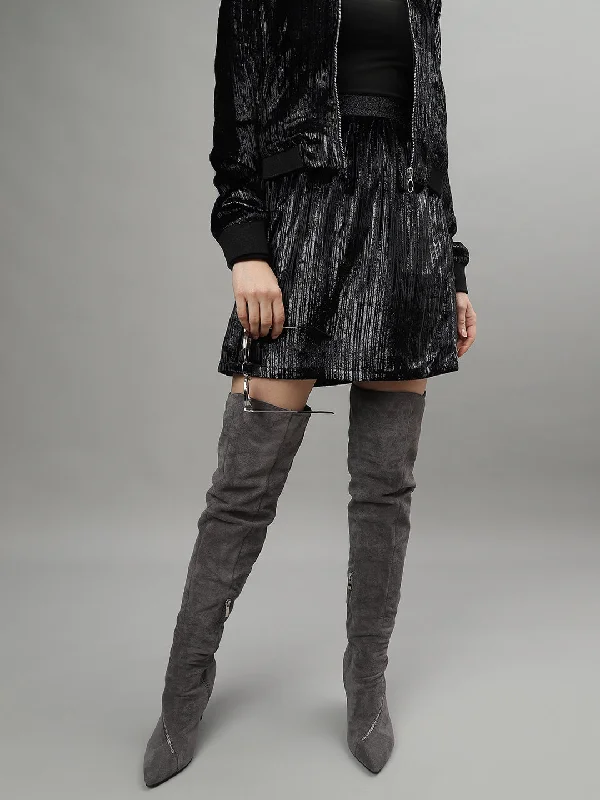 Centre Stage Women Black Self Design A-Line Mini Party Wear Skirt silk skirt sleek