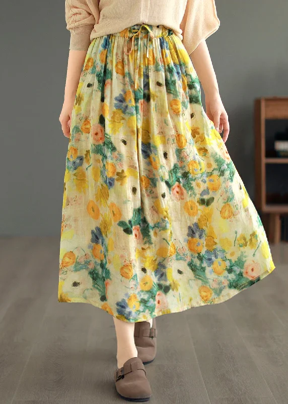 Classy Yellow Drawstring Wrinkled Print Patchwork Linen Skirts Summer cashmere skirt plush