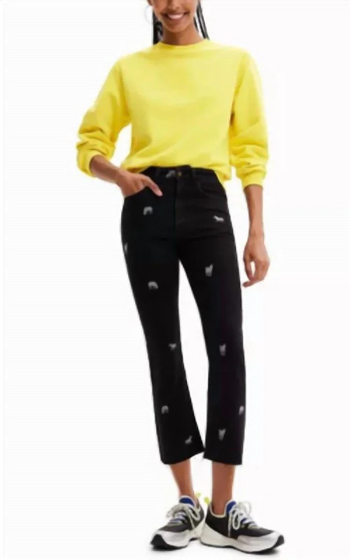 Cropped Flared Jean In Black Comfortable Folded Hem Jeans