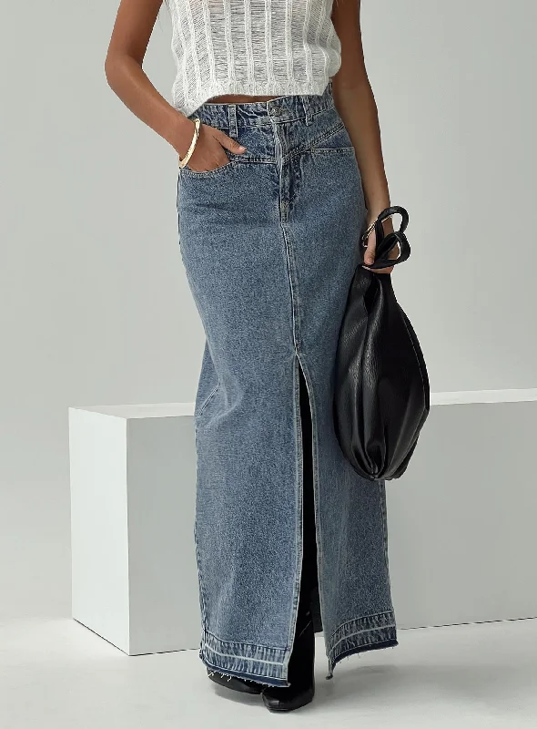 Deneuve Denim Maxi Skirt Mid Wash denim skirt casual