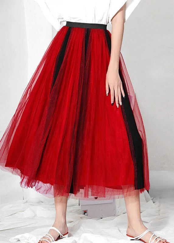 DIY Red High Waist Tulle Patchwork A Line Skirts velvet skirt luxury