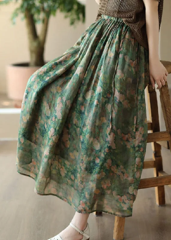 Elegant Green Wrinkled Pockets Patchwork Linen Skirts Summer cashmere skirt plush