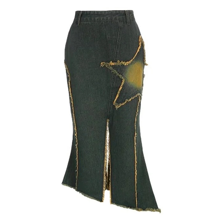 Fairy Grunge Long Denim Skirt wool skirt breathable