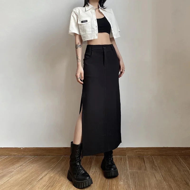 Goth Dark Streetwear Black Y2k Cargo Midi Grunge Gothic Split Sexy High Waist Skirt a-line skirt cut