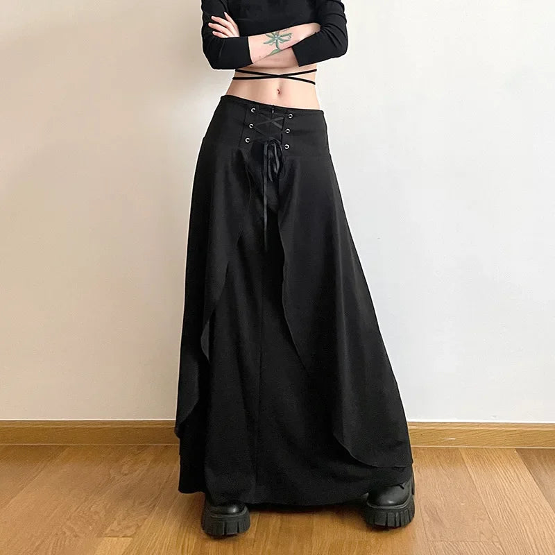 Women's High Waist Layered Ruffle Maxi Cake Elegant Party Wedding Guest Y2K Solid Vintage Black A Line Skirt leather skirt sleek