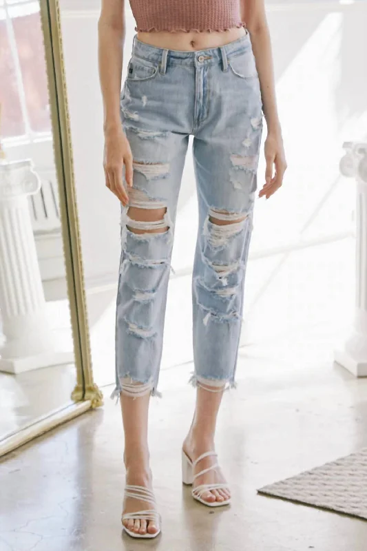 High-Rise Distressed Mom Jean In Light Wash Chic Double Waistband Jeans
