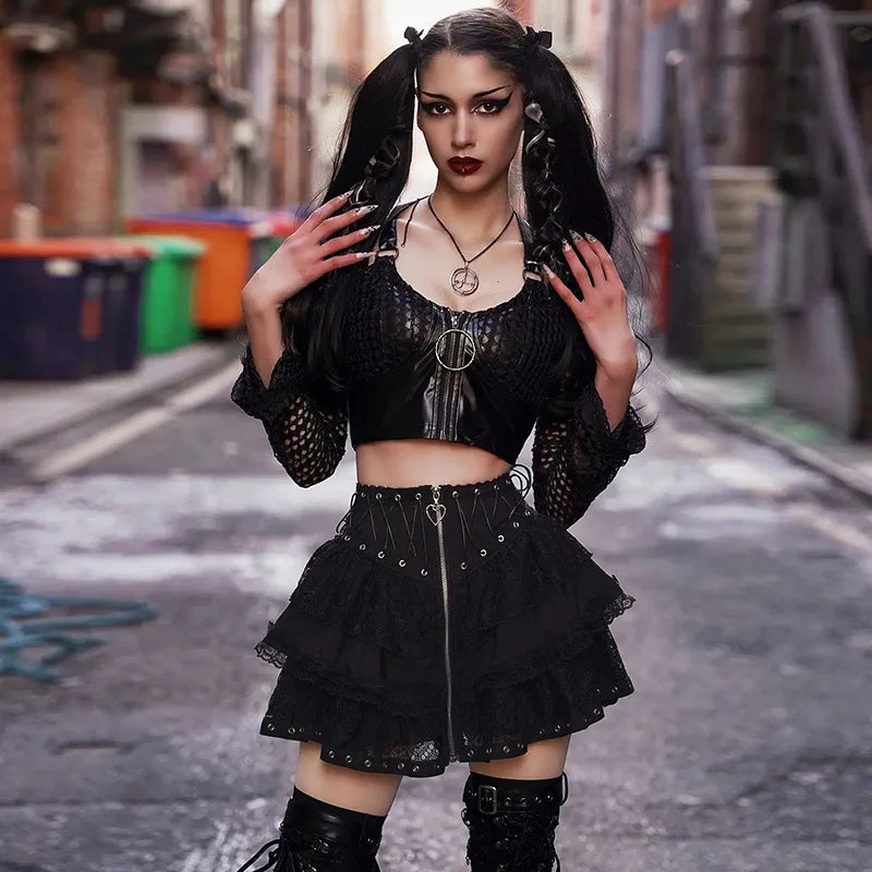 Gothic Vintage High Zipper Front Japanese Kawaii Black Cosplay Skirt midi skirt versatile