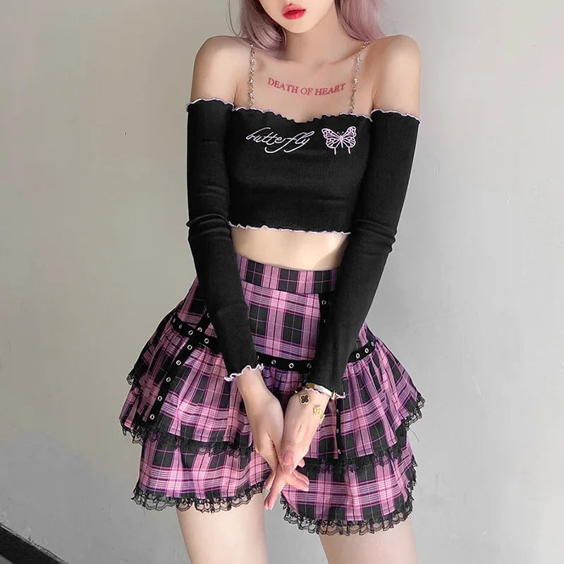 Lolita Cake Gothic Japanese Harajuku Purple Pink Plaid Pleated Skirt chiffon skirt flowing