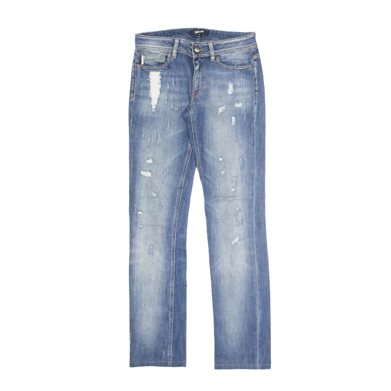 JUST CAVALI Distressed Beaded Jeans Blue Denim Slim Skinny Stone Wash Womens W26 L31 Comfortable Ankle Jeans