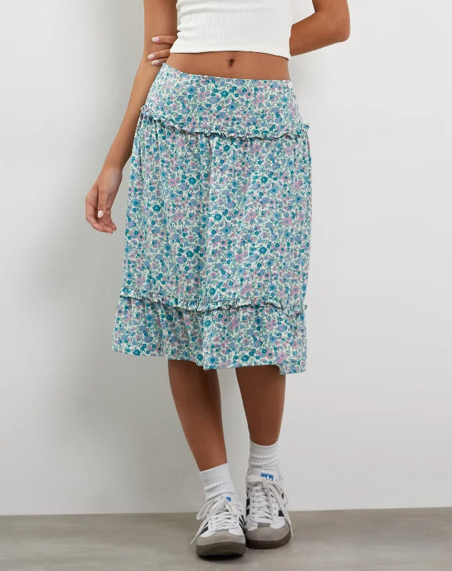 Kasya Frill Hem Midi Wrap Skirt in Flower Power Blue vintage skirt charm