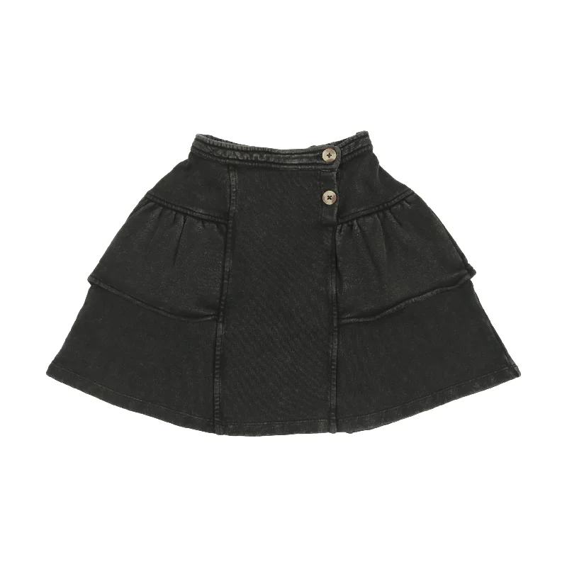 Kin + Kin Black Denim French Terry Tiered Skirt velvet skirt glossy