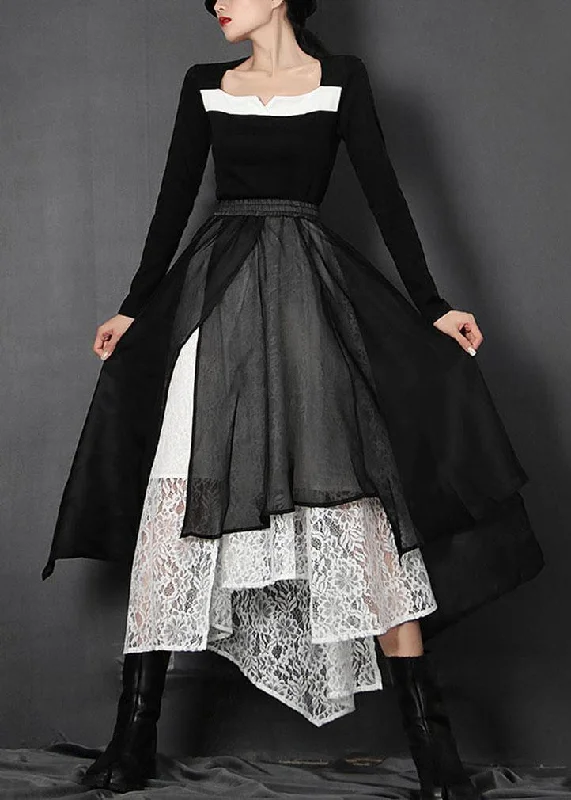 Loose Black Elastic Waist Patchwork Lace Asymmetrical Design Summer Skirt leather skirt refined