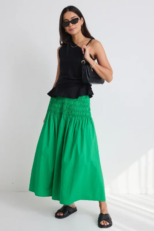 Lost Meadow Green Shirred Waist Maxi Skirt mini skirt trendy