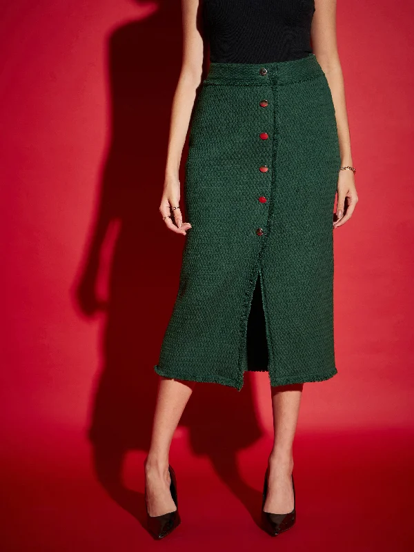 Lyush Women Green Tweed Front Button Midi Skirt high slit skirt