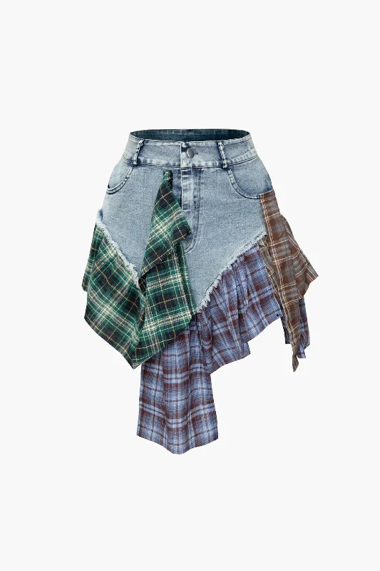 Asymmetric Patchwork Denim Mini Skirt silk skirt smooth