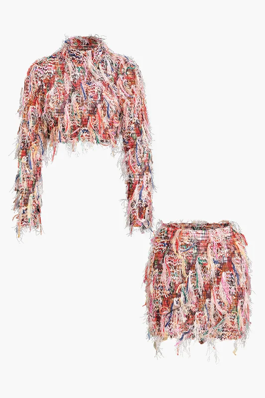 Mesh Fringe Long Sleeve Skirt Set lace skirt elegant