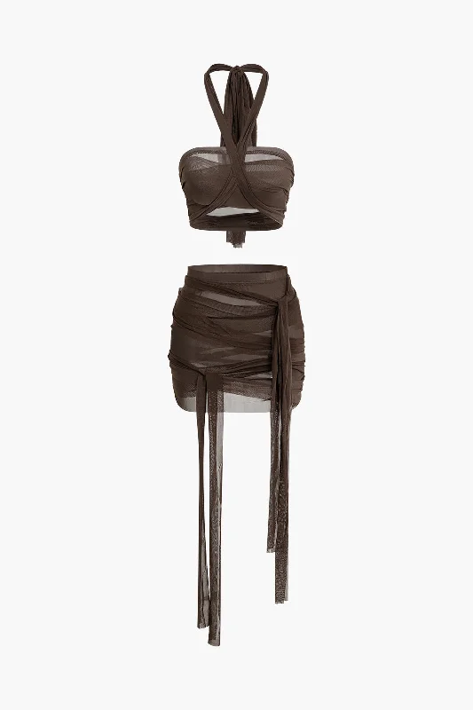Knot Tie Halter Mesh Tank Top And Mini Skirt Set leather skirt bold