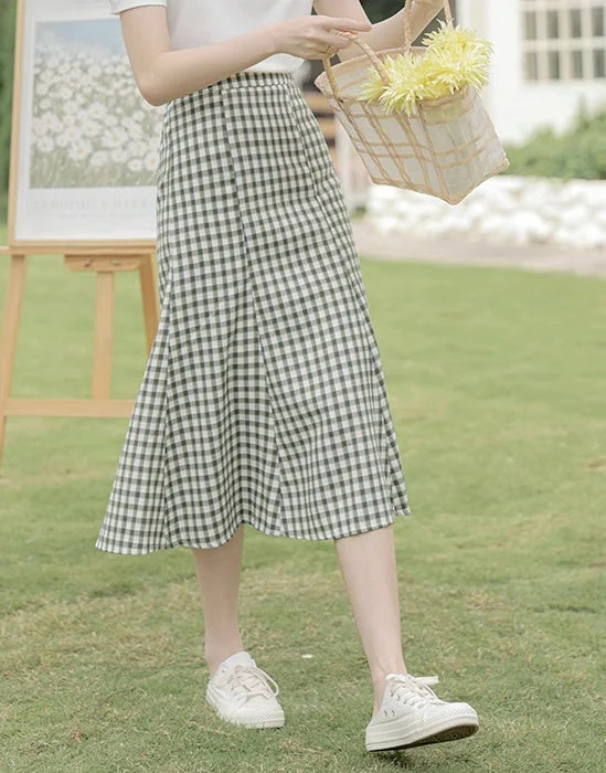 Plaid Midi Skirt (Green) wool skirt sturdy