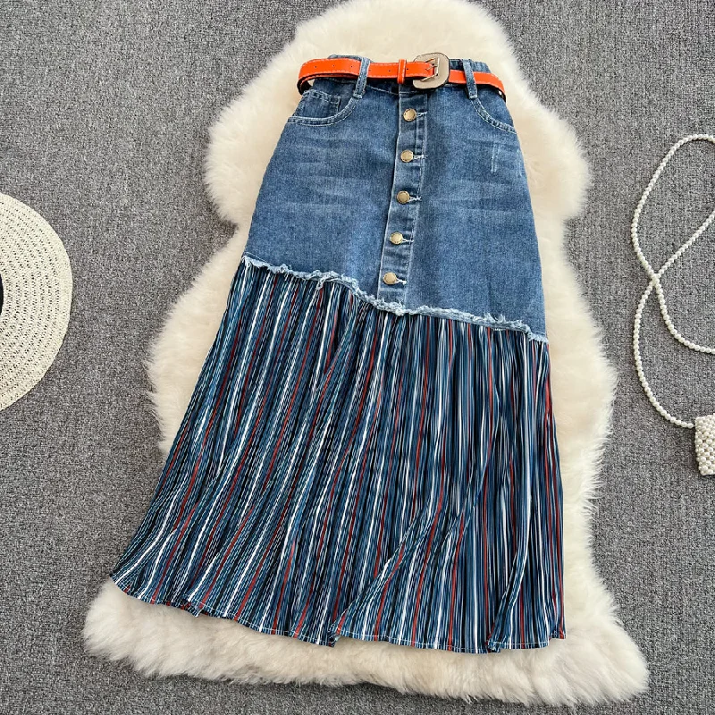 Pleated stitched denim skirt, irregular medium length A-line skirt  11275 cashmere skirt soft