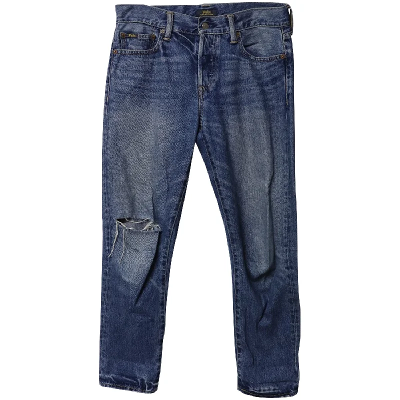 Polo Ralph Lauren Distressed Boyfriend Jeans in Blue Denim Fashionable Raw Hem Bootcut Jeans