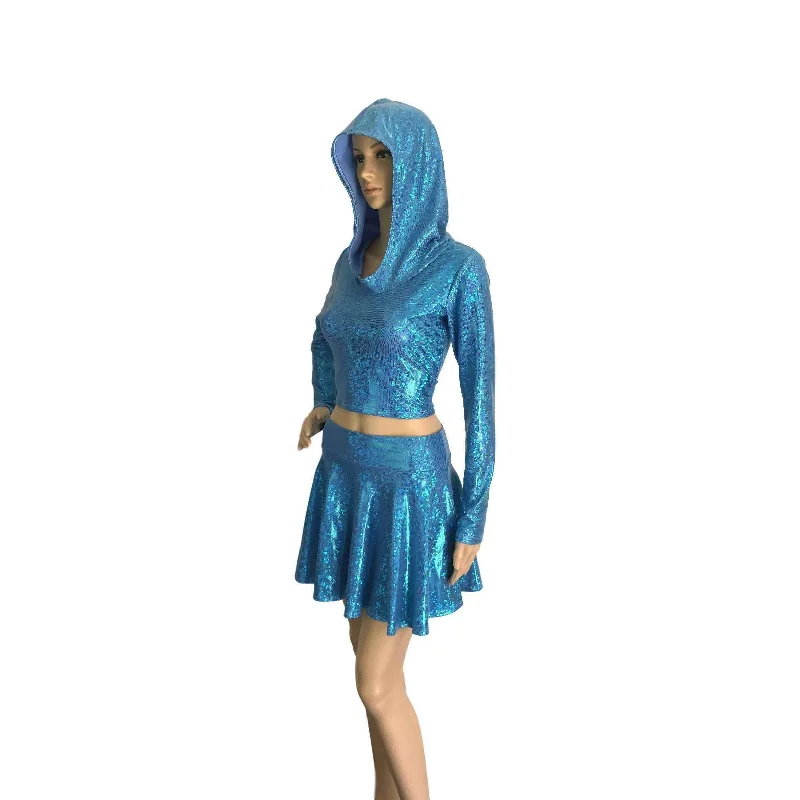 Rave Outfit - Blue Shattered Glass High Waisted Skater Skirt Oil & Long Sleeve Cropped Hoodie cashmere skirt fine