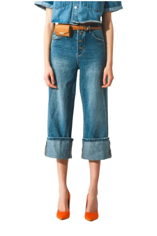 Relaxed Jeans With Rolled Hem And Exposed Buttons In Denim Blue Chic Rip-Detail High-Waist Jeans