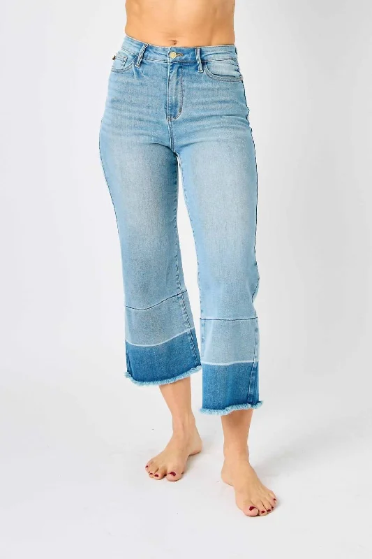 Release Hem Wide Crop Jean In Light Wash Stylish Shredded Denim Jeans