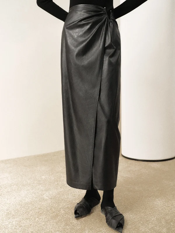 BerryBetty - Ring Detail Leather Maxi Skirt relaxed fit skirt