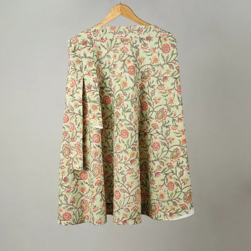 Green - Sanganeri Block Printed Cotton Wrap Around Skirt 13 belted skirt waist