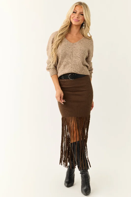 She+Sky Coffee Fringe Elastic Waist Maxi Skirt lace skirt delicate