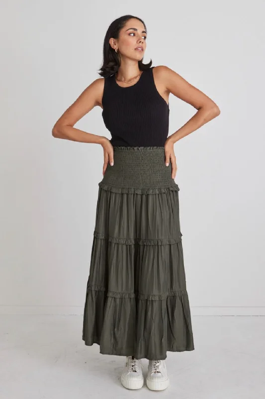 Soaring High Dark Khaki Satin Shirred Waist Tiered Midi Skirt linen skirt natural