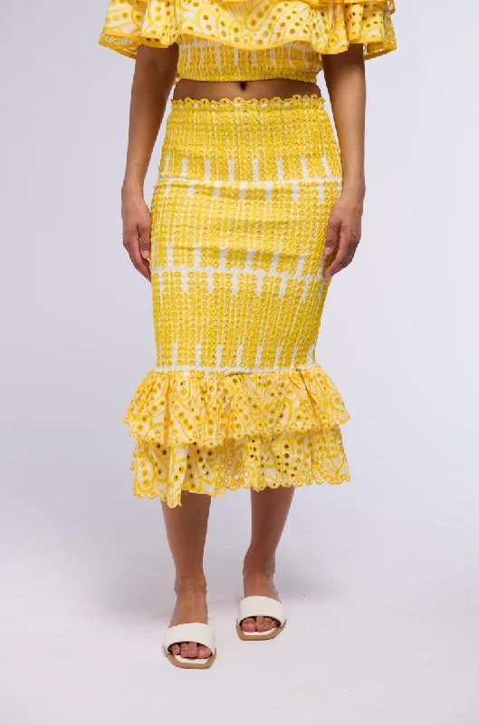 SUMMER LOVING RUFFLE TEXTURED MIDI SKIRT IN YELLOW satin skirt smooth