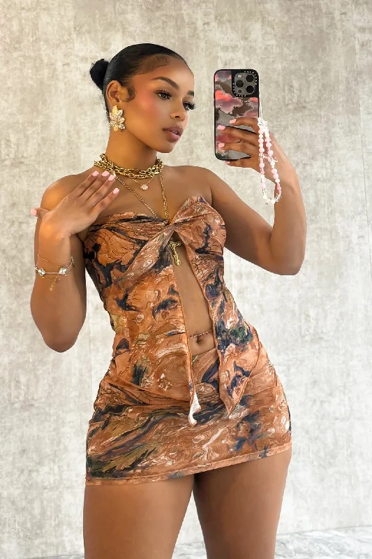 Sunset Feeling Print Mesh Top & Skirt SET linen skirt light