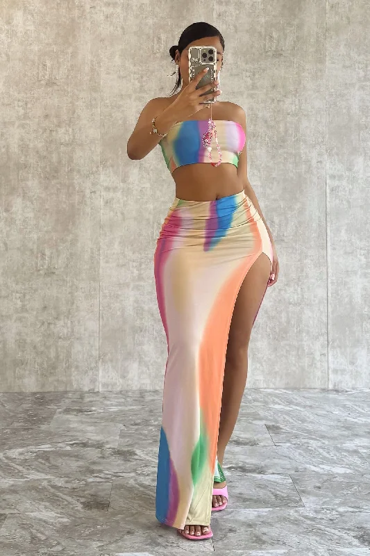 Tahiti Print Tube Top & Maxi Skirt SET linen skirt light