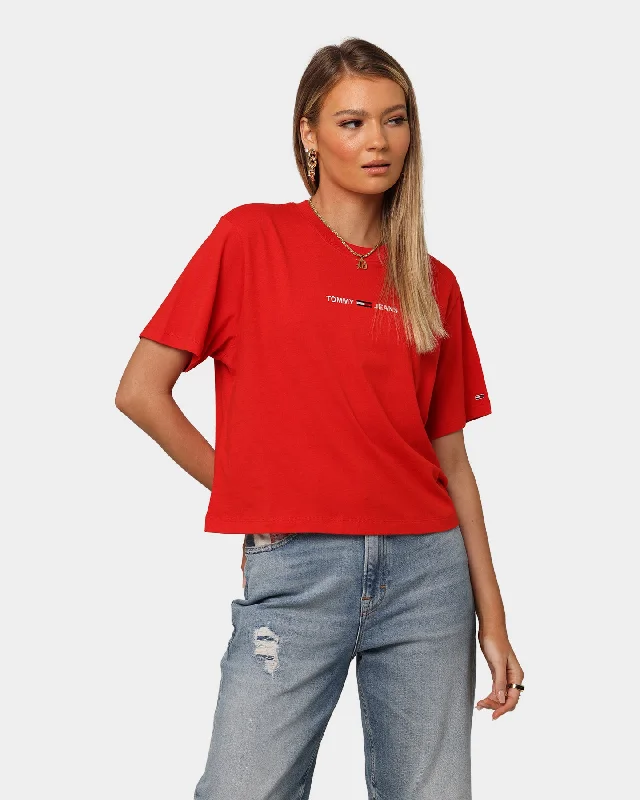 Tommy Jeans Women's Boxy Crop Linear Logo T-Shirt Deep Crimson Trendy Bootcut High-Waisted Jeans