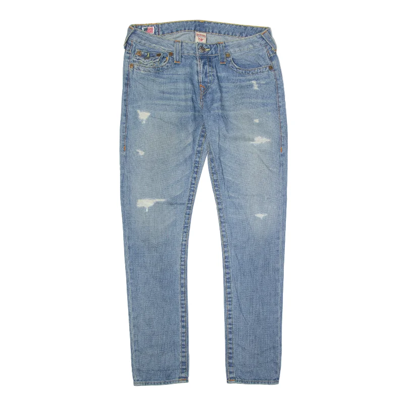 TRUE RELIGION Cameron Distressed Jeans Blue Denim Slim Skinny Stone Wash Womens W34 L31 Stylish Bootcut Denim Jeans