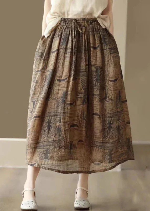 Vintage Coffee Print Cinched Patchwork Linen Skirts Summer denim skirt casual