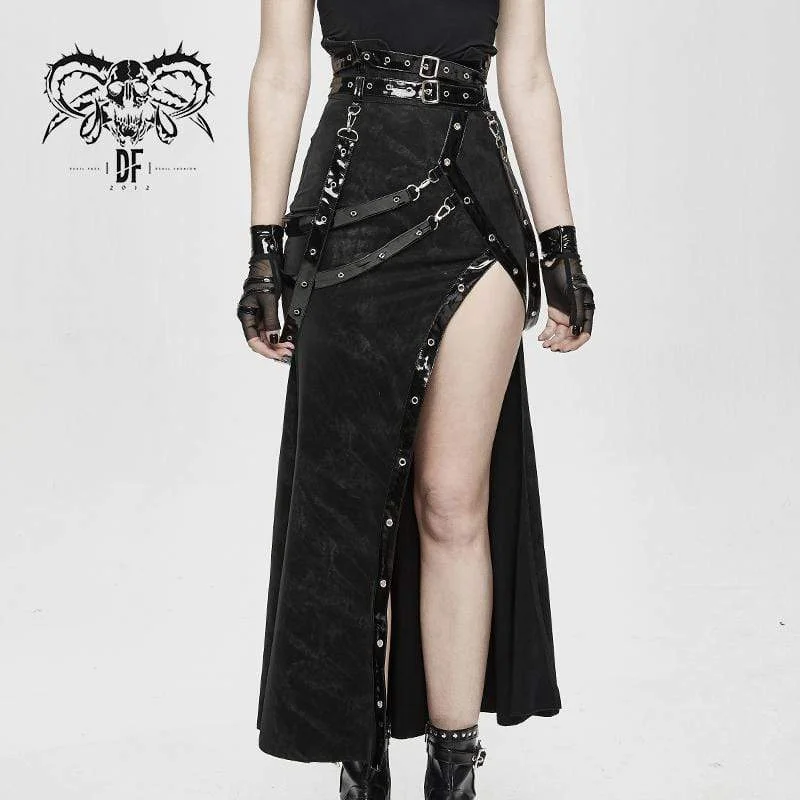 Women's Gothic PU Belts Slit Wrap Skirts tiered skirt playful