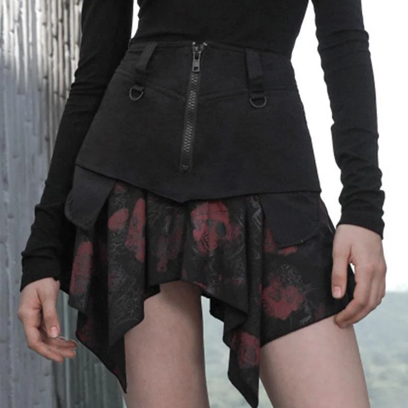 Women's Gothic Zippered Double Layered Asymmetrical Hem Skirts leather skirt modern