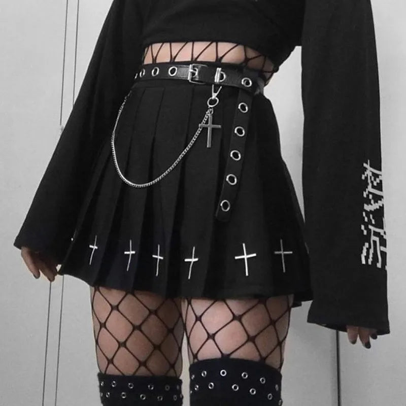 Women's High Waist Gothic Mini Ladies Cross Pattern Mini Pleated Dark Style Skirt velvet skirt luxury