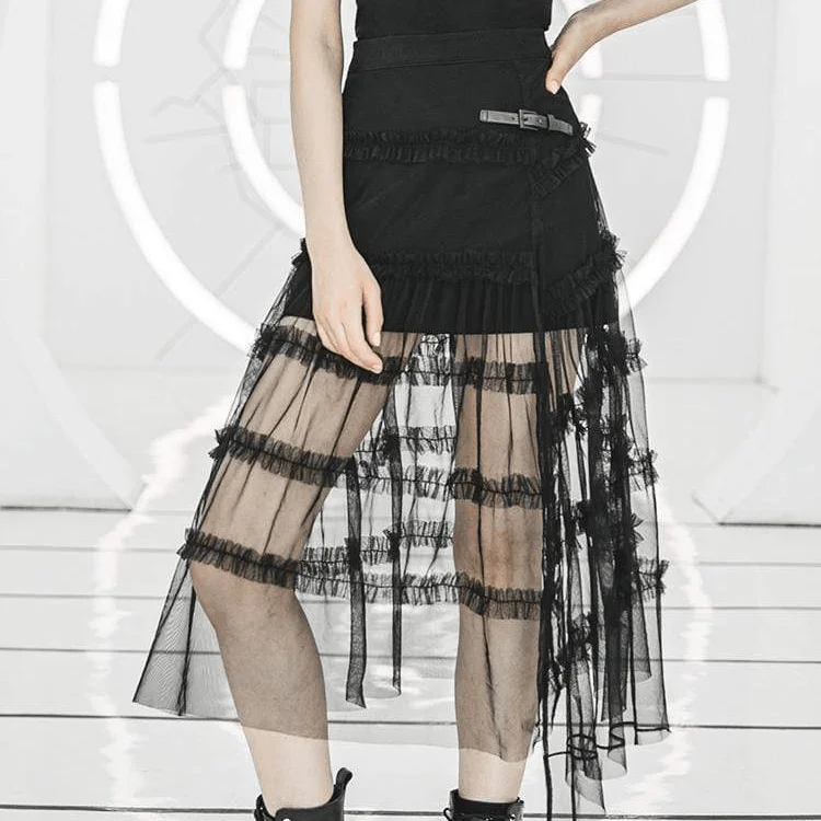 Women's Punk Sheer Ruffled Lace Overlaid Skirts silk skirt lustrous