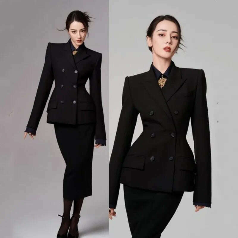Women's Suit Heroic 2-piece Set Fashion Solid Color Double-breasted Handsome Lapel Collar and Calf Long Skirt Slim Top Suitable corduroy skirt durable