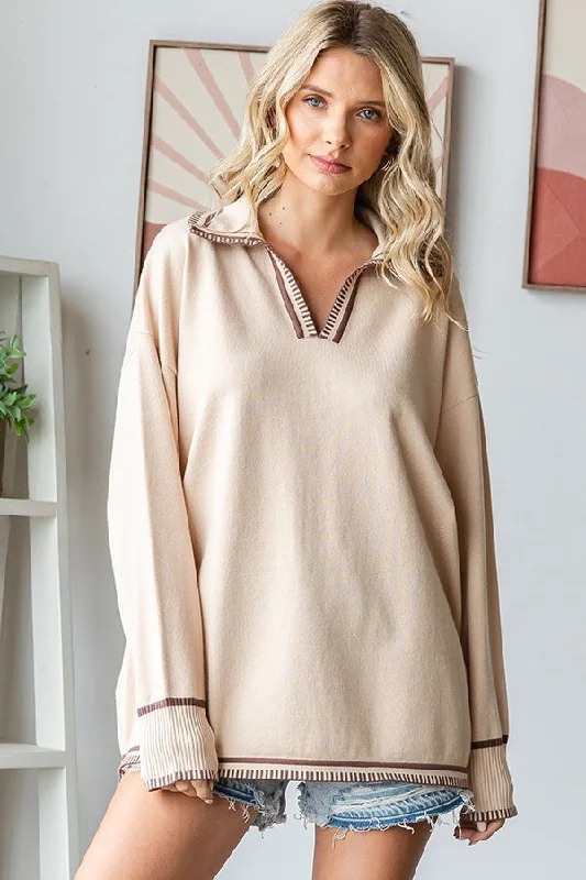 Beige Contrast Trim Collared Sweater Cable Knit Ribbed Knit Lace Knit