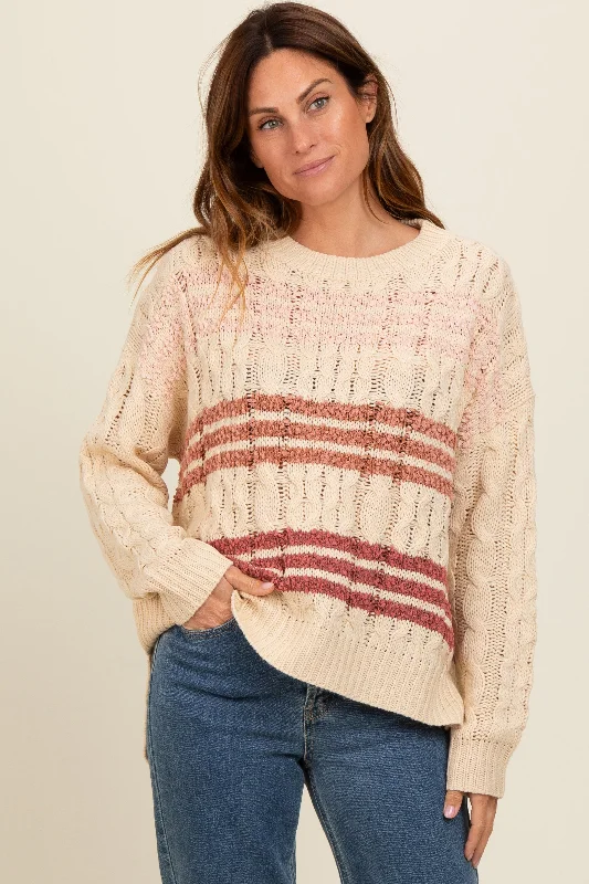 Beige Mixed Cable Knit Striped Sweater Stylish Fashionable Trendy