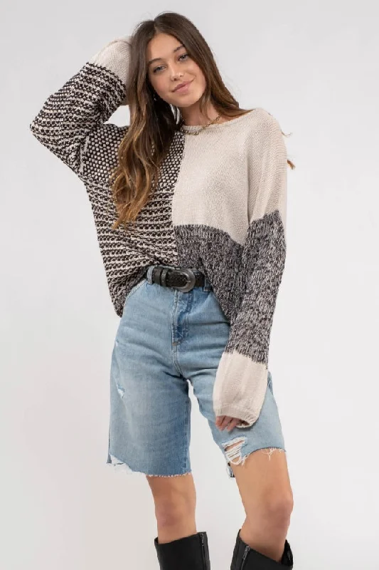 Black Multi Drop Shoulder Colorblock Knit Sweater Lightweight Heavyweight Midweight