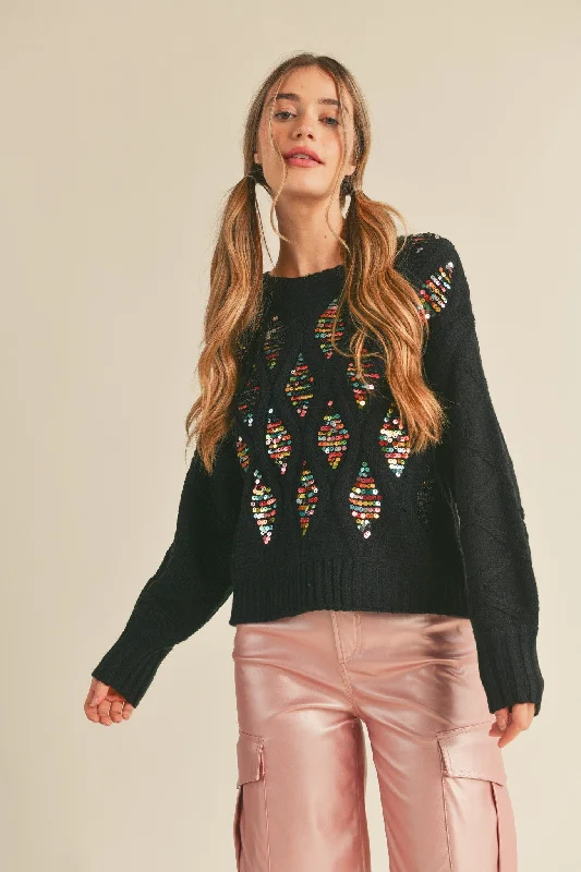 Black Multi Sequin Embellished Sweater Zippered Front Buttoned Front Snap Front