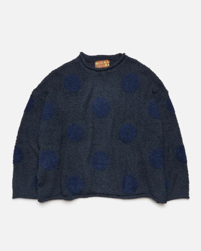 Teddy Fur Dot Sweater - Navy Turtle Neck Boat Neck Asymmetrical Neck